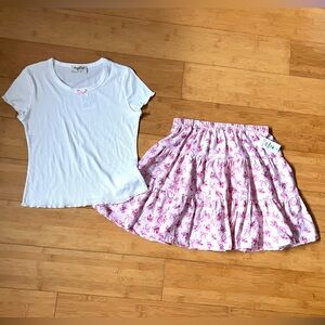 NWT Girls Size L 14 Outfit - Bow Accent Ribbed Top & Sweet Print Skirt